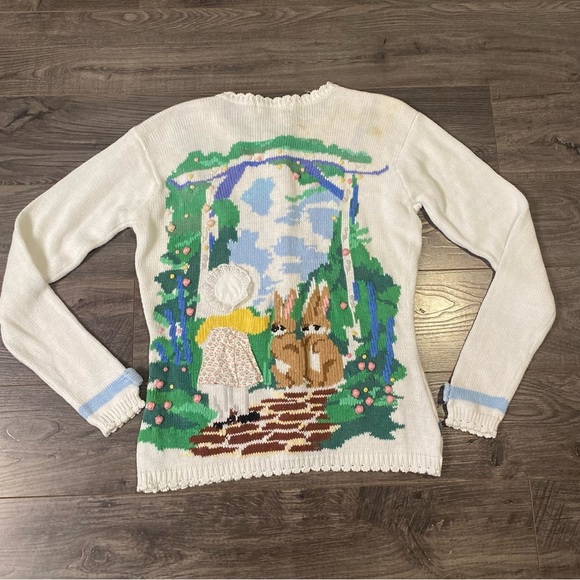 Vintage Eagleeyes Knit sweater Bunny Rabbit Spring time scene - Picture 2 of 11